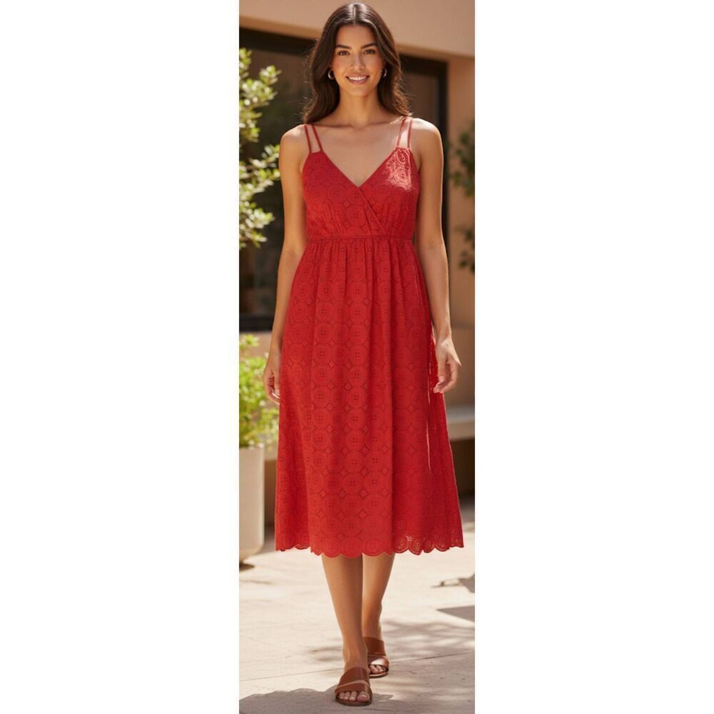 J.crew womens size 8 red eyelet dress midi long day sun tea travel